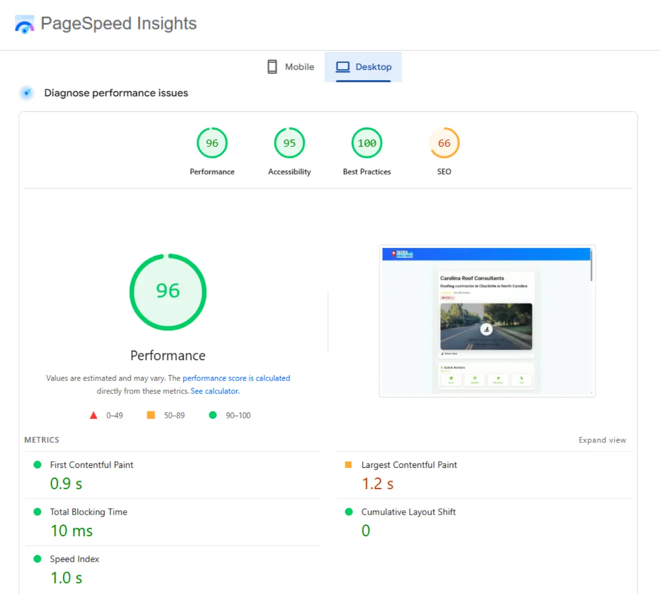 PageSpeed Insights Results - Individual Business Listing