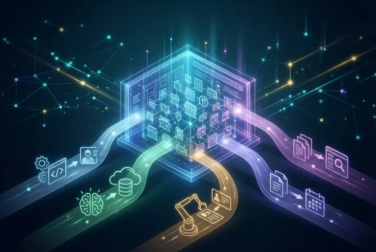 Create a striking, professional hero image for a blog article titled: How to Build a Business Directory Without Typing: 4 Automated Methods for 2025. Style: Modern, clean, eye-catching design that represents the main topic. No text overlays. High quality 1200x800 professional blog header.