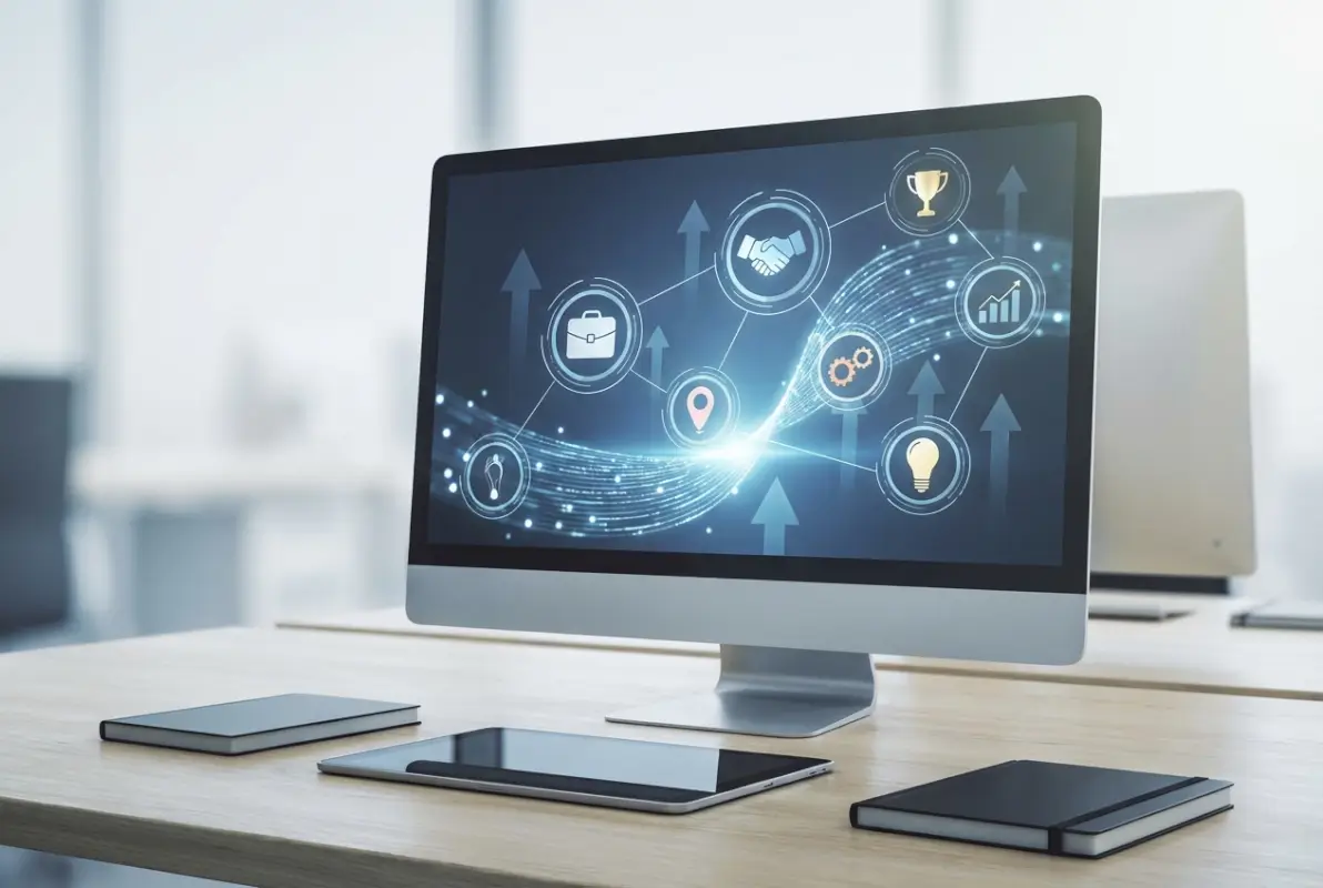 Create a striking, professional hero image for a blog article titled: Business Directory 101: 7 Proven Steps to Skyrocket Your Success in 2025. Style: Modern, clean, eye-catching design that represents the main topic. No text overlays. High quality 1200x800 professional blog header.