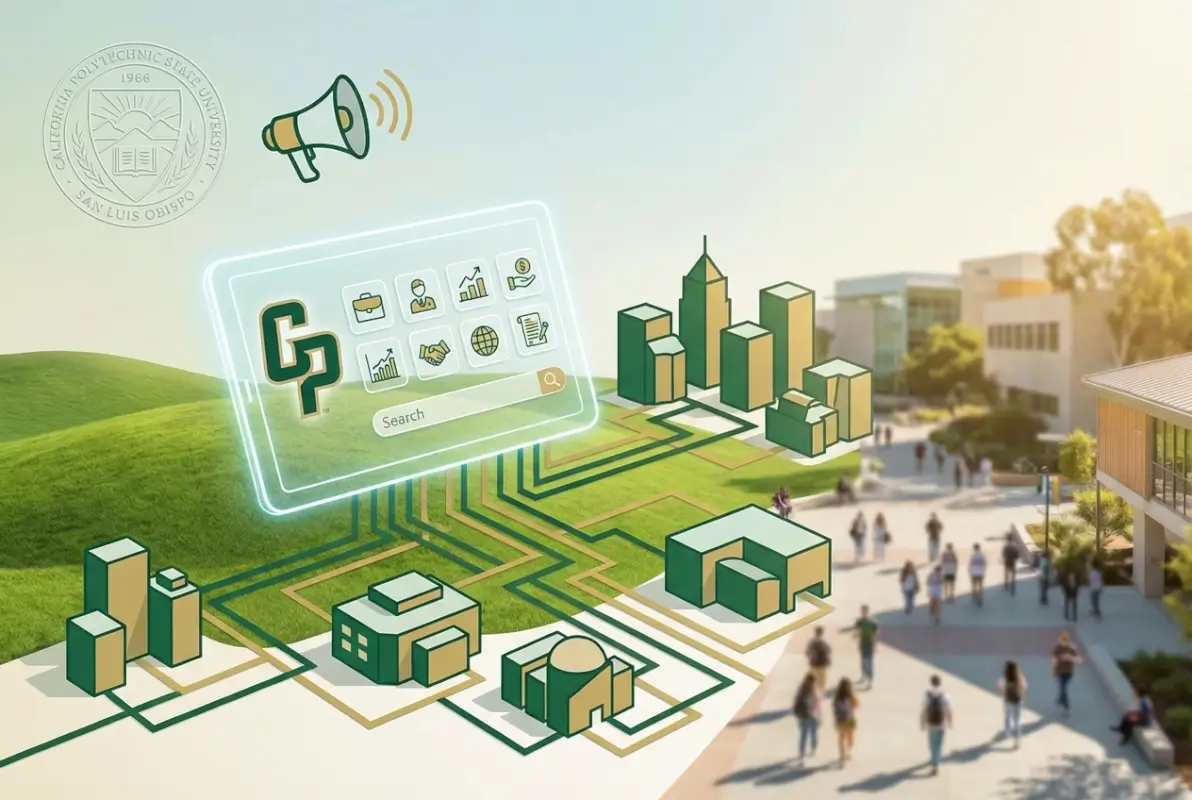 Create a striking, professional hero image for a blog article titled: Cal Poly Business Directory: Complete Guide to Local Listings & Campus Visibility. Style: Modern, clean, eye-catching design that represents the main topic. No text overlays. High quality 1200x800 professional blog header.