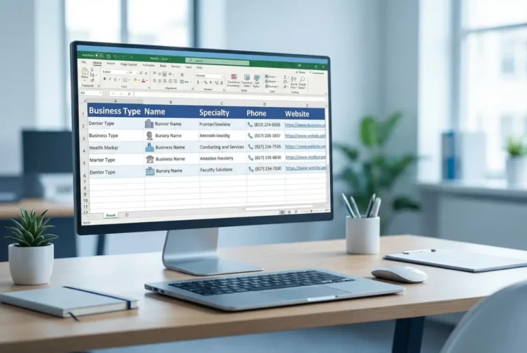 Create a striking, professional hero image for a blog article titled: How to Create a Business Directory in Excel: Add Headers for Business Type, Name, Specialty, Phone & Website. Style: Modern, clean, eye-catching design that represents the main topic. No text overlays. High quality 1200x800 professional blog header.