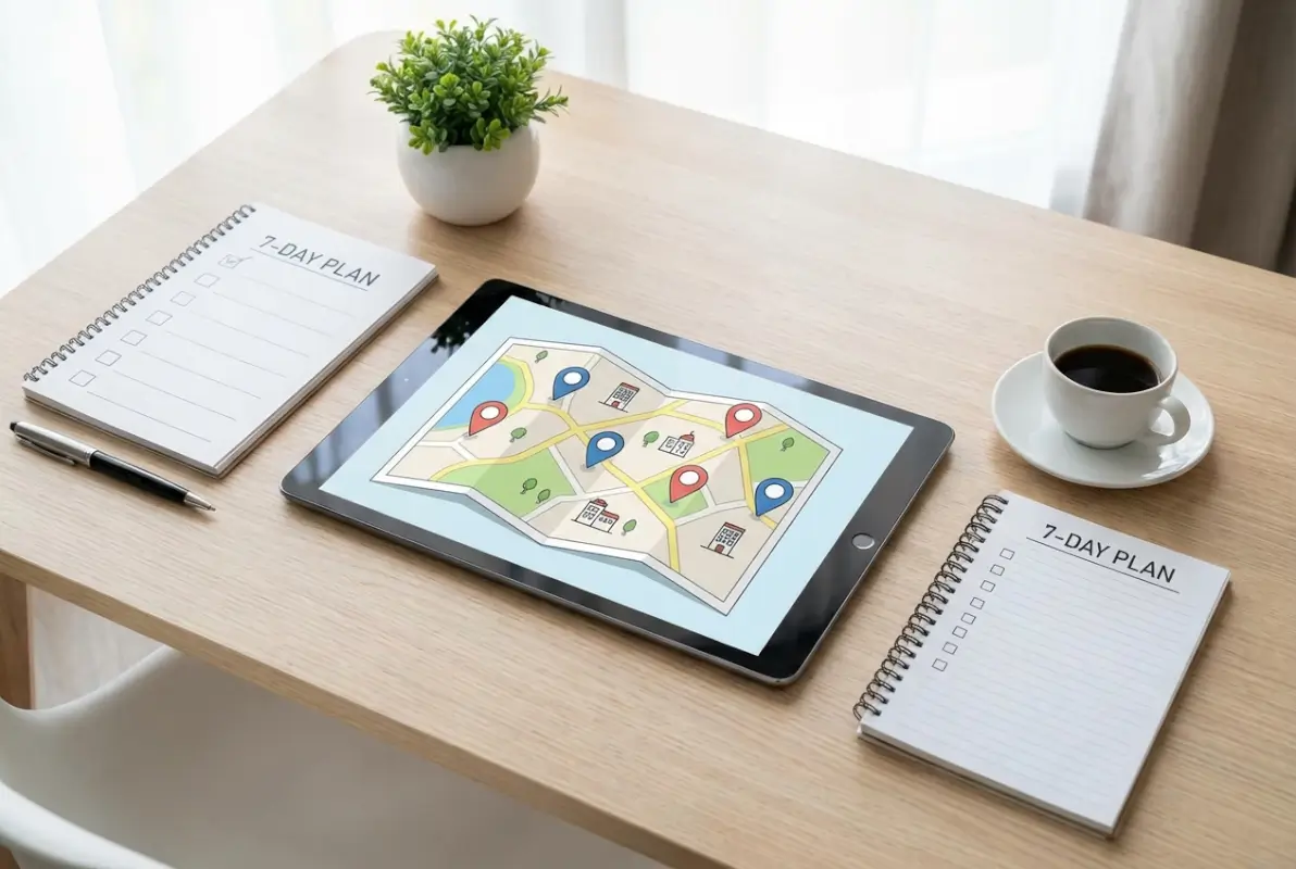 Create a striking, professional hero image for a blog article titled: How to Start a Local Business Directory: Complete 7-Day Launch Blueprint. Style: Modern, clean, eye-catching design that represents the main topic. No text overlays. High quality 1200x800 professional blog header.