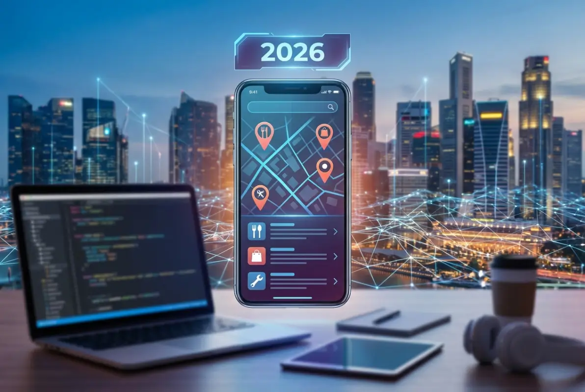 Create a striking, professional hero image for a blog article titled: How to Build a Yelp-Like Local Business Directory App in 2026: Complete Development Guide. Style: Modern, clean, eye-catching design that represents the main topic. No text overlays. High quality 1200x800 professional blog header.