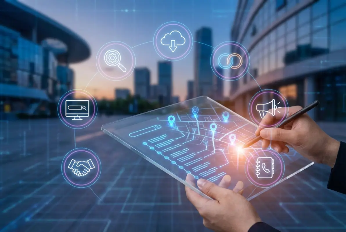 Create a striking, professional hero image for a blog article titled: How to Get a List of Businesses in Your Area: 7 Proven Methods (2025 Guide). Style: Modern, clean, eye-catching design that represents the main topic. No text overlays. High quality 1200x800 professional blog header.