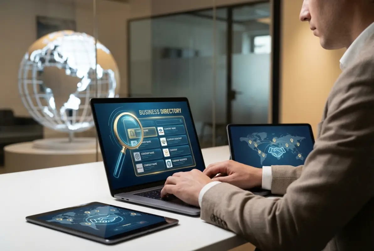 Create a striking, professional hero image for a blog article titled: How to Find Consulting Clients Using Business Directories: A Complete Guide. Style: Modern, clean, eye-catching design that represents the main topic. No text overlays. High quality 1200x800 professional blog header.