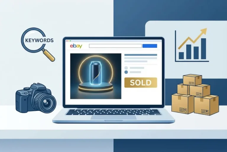 Create a striking, professional hero image for a blog article titled: How to Improve Your eBay Listing: 7 Tips for Successful Selling. Style: Modern, clean, eye-catching design that represents the main topic. No text overlays. High quality 1200x800 professional blog header.