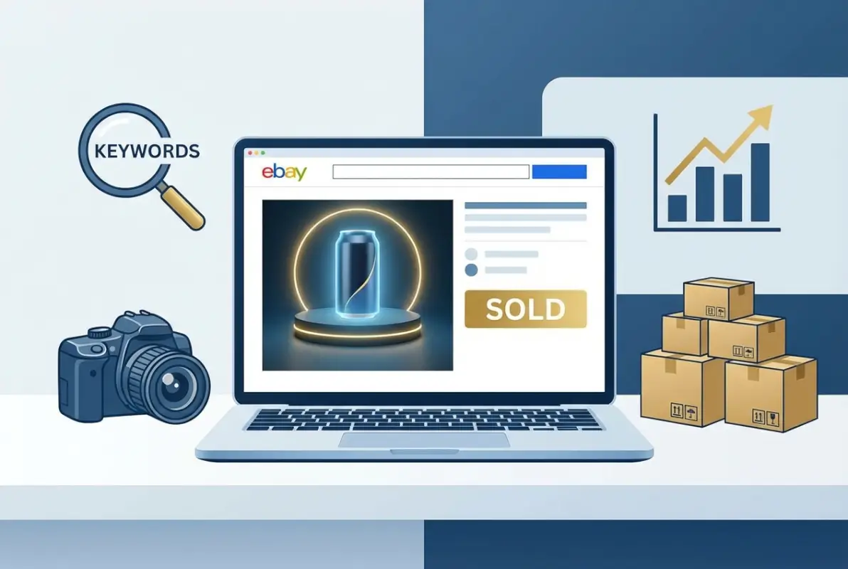 Create a striking, professional hero image for a blog article titled: How to Improve Your eBay Listing: 7 Tips for Successful Selling. Style: Modern, clean, eye-catching design that represents the main topic. No text overlays. High quality 1200x800 professional blog header.