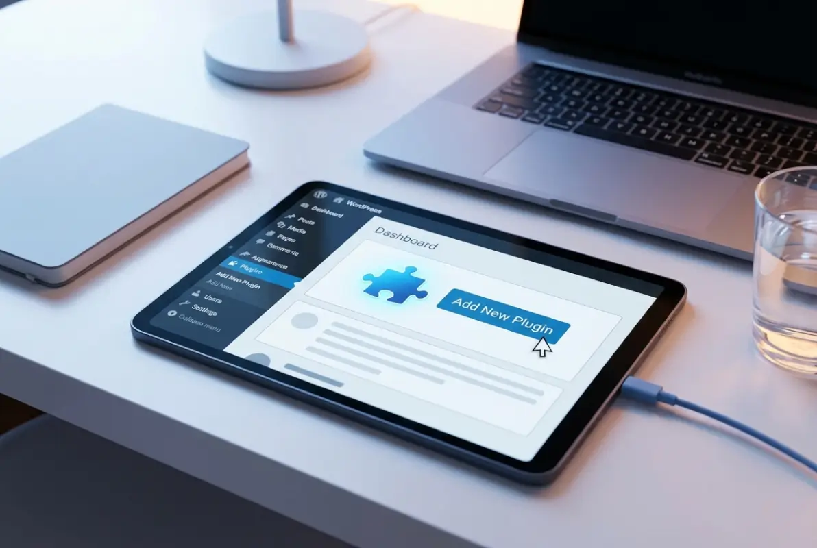 Create a striking, professional hero image for a blog article titled: How to Include a Plugin in WordPress: A Step-by-Step Guide. Style: Modern, clean, eye-catching design that represents the main topic. No text overlays. High quality 1200x800 professional blog header.