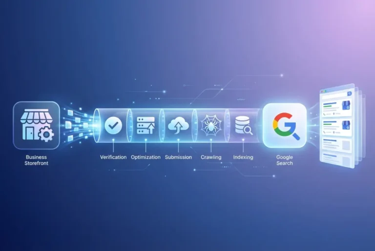 Create a striking, professional hero image for a blog article titled: How to Index a Listing in Google: 5 Essential Steps for Businesses. Style: Modern, clean, eye-catching design that represents the main topic. No text overlays. High quality 1200x800 professional blog header.