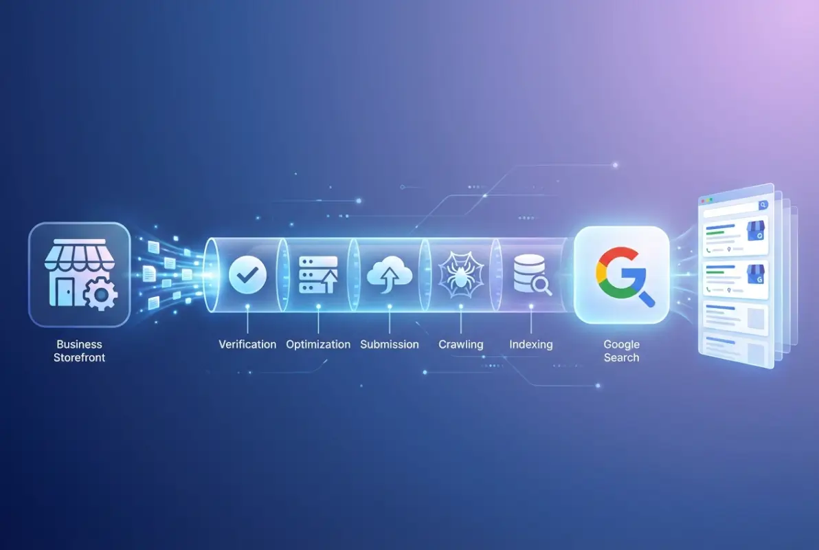 Create a striking, professional hero image for a blog article titled: How to Index a Listing in Google: 5 Essential Steps for Businesses. Style: Modern, clean, eye-catching design that represents the main topic. No text overlays. High quality 1200x800 professional blog header.