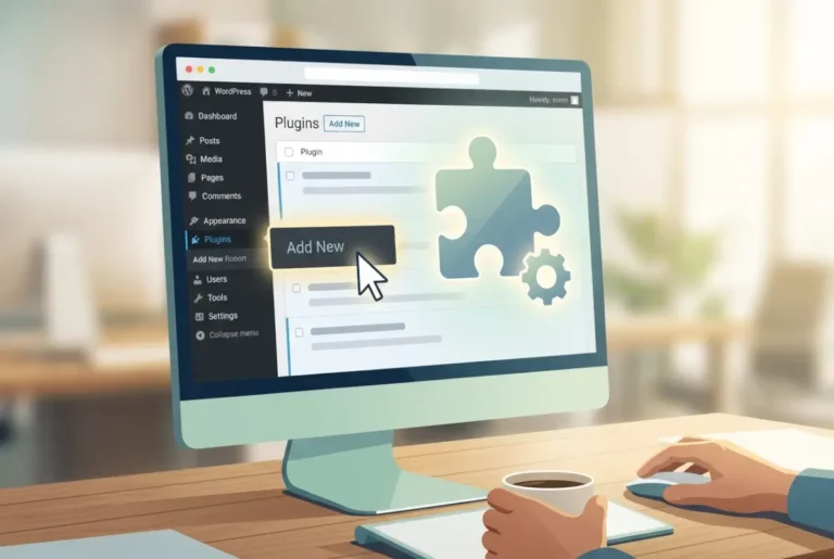 Create a striking, professional hero image for a blog article titled: How to Install a Plugin in WordPress: A Beginner's Guide. Style: Modern, clean, eye-catching design that represents the main topic. No text overlays. High quality 1200x800 professional blog header.