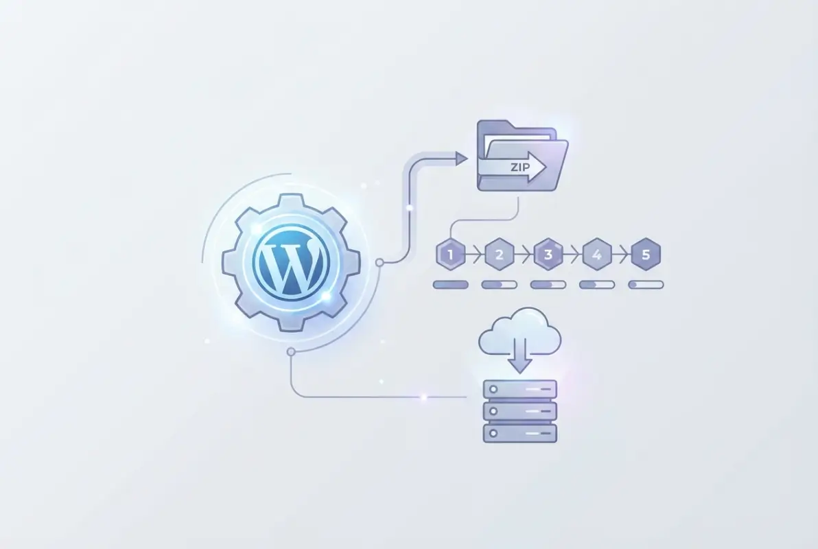Create a striking, professional hero image for a blog article titled: How to Install a WordPress Plugin ZIP File: 5 Simple Steps. Style: Modern, clean, eye-catching design that represents the main topic. No text overlays. High quality 1200x800 professional blog header.