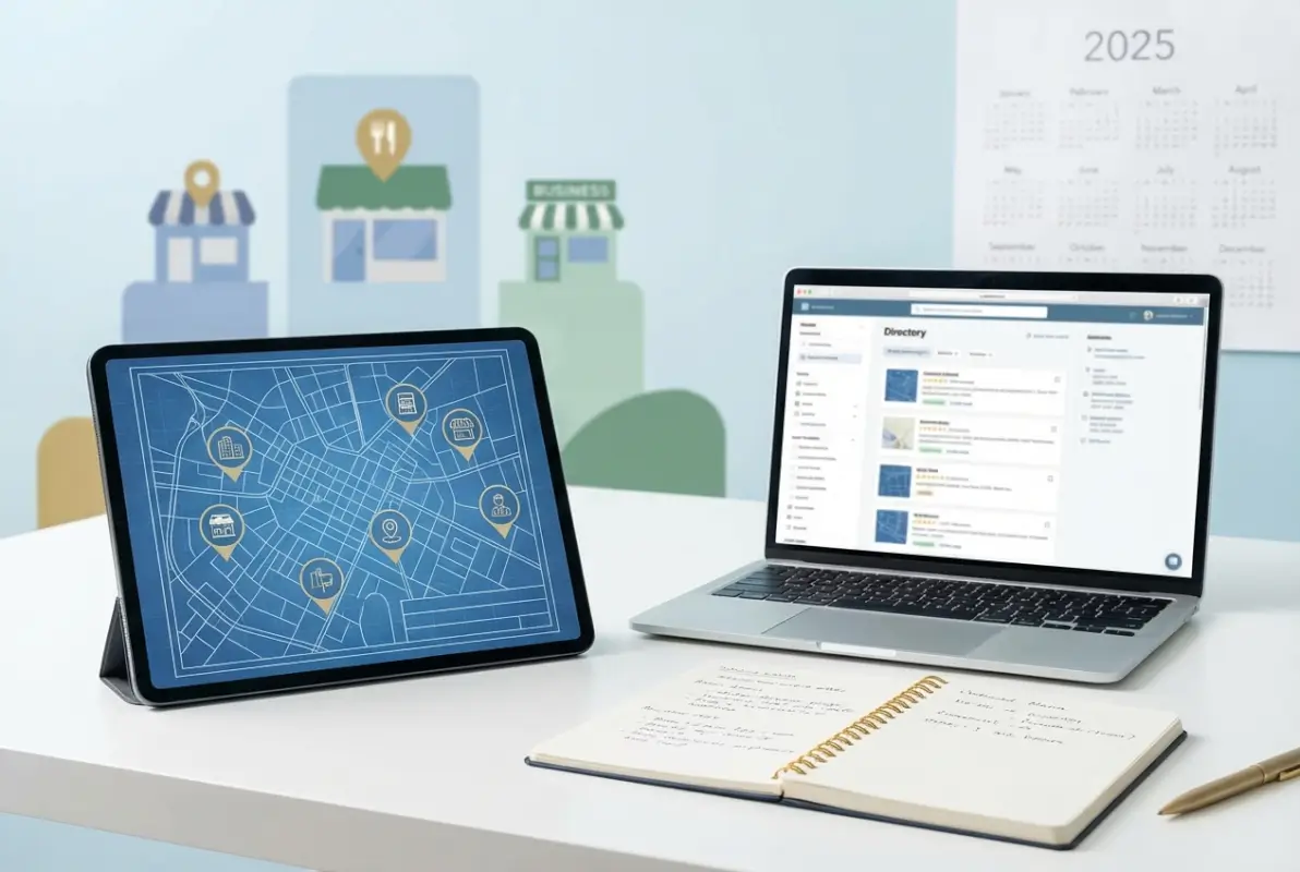 Create a striking, professional hero image for a blog article titled: How to Start a Local Business Directory: Complete 2025 Blueprint. Style: Modern, clean, eye-catching design that represents the main topic. No text overlays. High quality 1200x800 professional blog header.