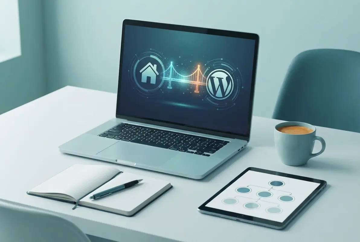 Create a striking, professional hero image for a blog article titled: How to Import Listings from IDX to WordPress: 6 Simple Steps. Style: Modern, clean, eye-catching design that represents the main topic. No text overlays. High quality 1200x800 professional blog header.