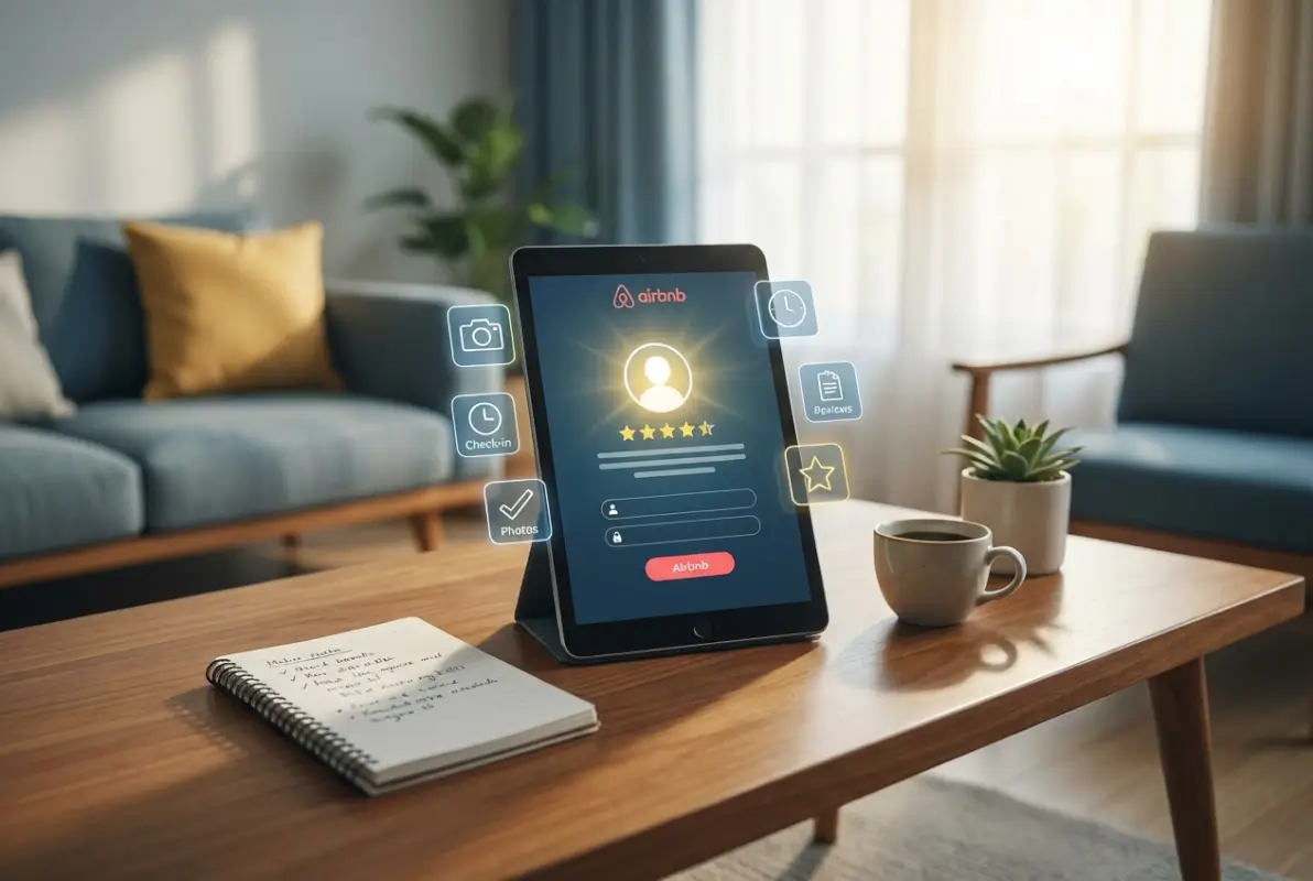 Create a striking, professional hero image for a blog article titled: How to Improve Your Airbnb Listing: 10 Optimization Tips for Hosts. Style: Modern, clean, eye-catching design that represents the main topic. No text overlays. High quality 1200x800 professional blog header.