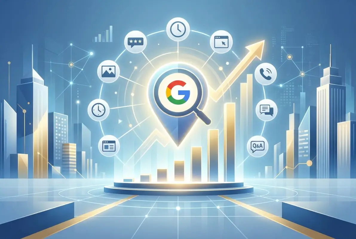 Create a striking, professional hero image for a blog article titled: How to Improve Your Google Business Listing: 7 Optimization Tips. Style: Modern, clean, eye-catching design that represents the main topic. No text overlays. High quality 1200x800 professional blog header.