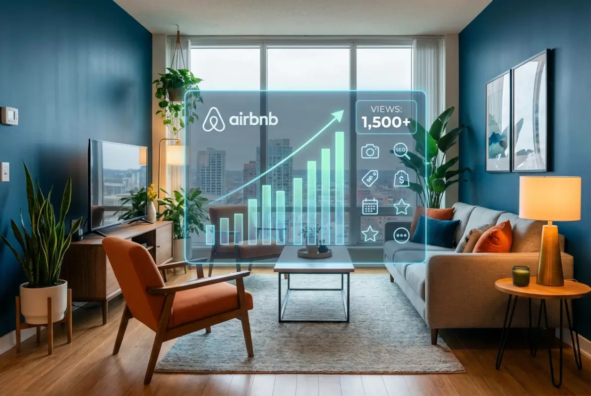 Create a striking, professional hero image for a blog article titled: How to Increase Views on Your Airbnb Listing: 8 Optimization Strategies. Style: Modern, clean, eye-catching design that represents the main topic. No text overlays. High quality 1200x800 professional blog header.