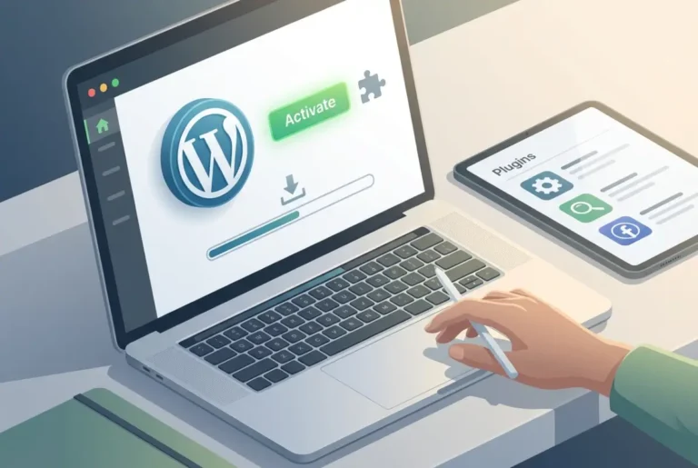 Create a striking, professional hero image for a blog article titled: How to Install and Activate a WordPress Plugin: A Beginner's Guide. Style: Modern, clean, eye-catching design that represents the main topic. No text overlays. High quality 1200x800 professional blog header.
