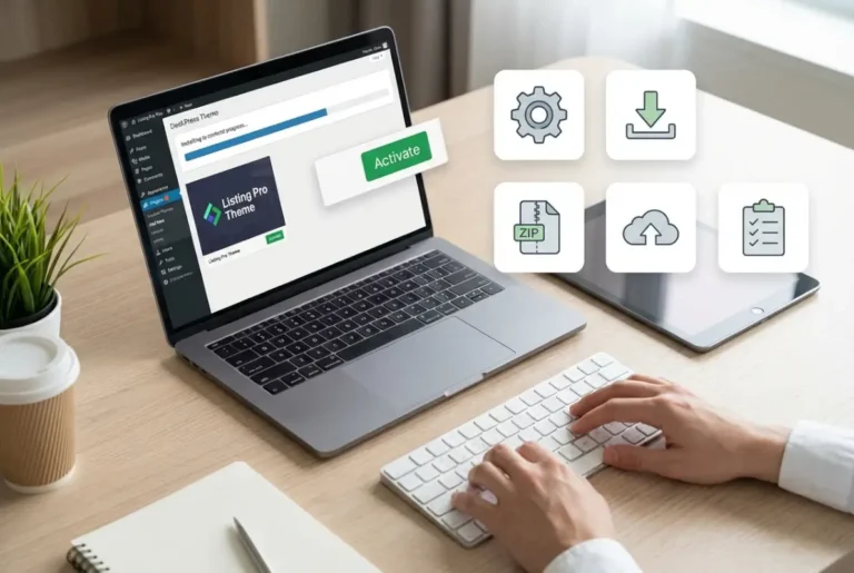 Create a striking, professional hero image for a blog article titled: How to Install Listing Pro Theme in WordPress: 5 Simple Steps. Style: Modern, clean, eye-catching design that represents the main topic. No text overlays. High quality 1200x800 professional blog header.