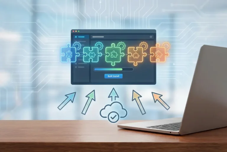 Create a striking, professional hero image for a blog article titled: How to Install Multiple WordPress Plugins at Once: 5 Simple Methods. Style: Modern, clean, eye-catching design that represents the main topic. No text overlays. High quality 1200x800 professional blog header.