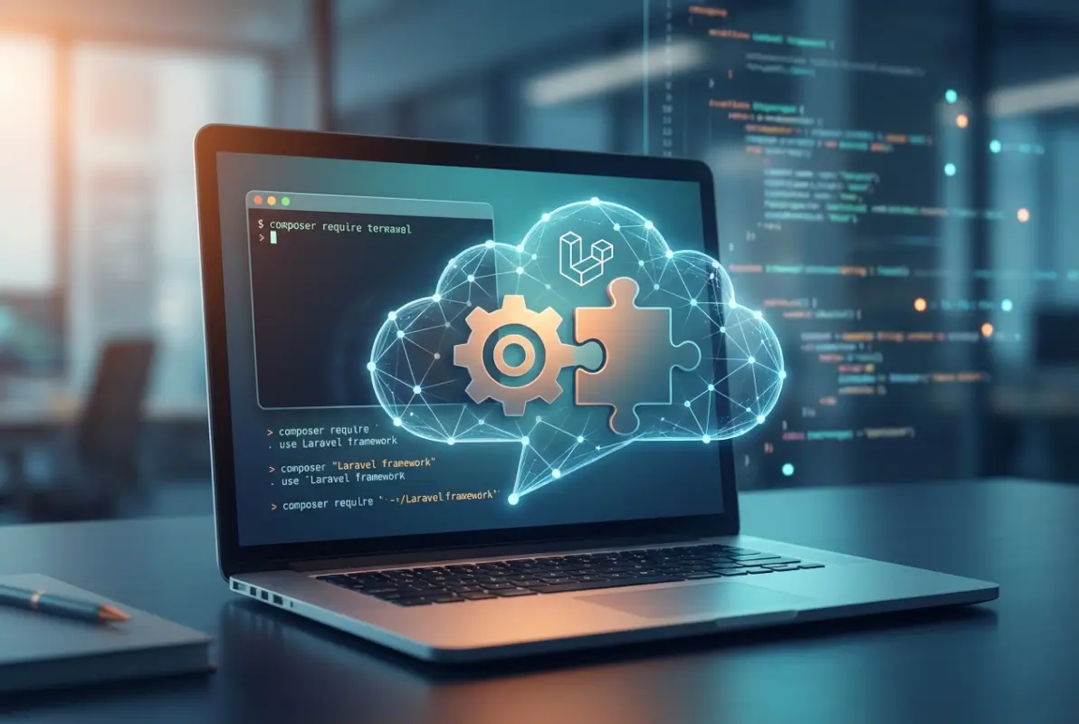 Create a striking, professional hero image for a blog article titled: How to Install a Plugin in Laravel: A Developer's Guide. Style: Modern, clean, eye-catching design that represents the main topic. No text overlays. High quality 1200x800 professional blog header.