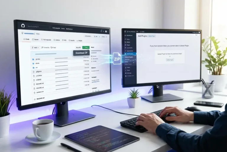 Create a striking, professional hero image for a blog article titled: How to Install a WordPress Plugin from GitHub: A Developer's Guide. Style: Modern, clean, eye-catching design that represents the main topic. No text overlays. High quality 1200x800 professional blog header.