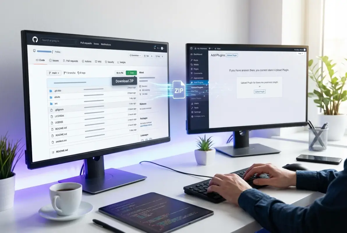 Create a striking, professional hero image for a blog article titled: How to Install a WordPress Plugin from GitHub: A Developer's Guide. Style: Modern, clean, eye-catching design that represents the main topic. No text overlays. High quality 1200x800 professional blog header.