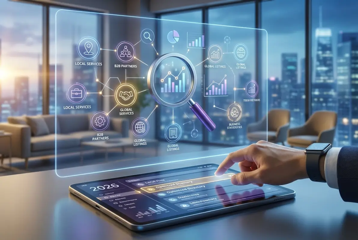 Create a striking, professional hero image for a blog article titled: How to Find the Perfect Business Directory in 2026: Data-Driven Selection Guide. Style: Modern, clean, eye-catching design that represents the main topic. No text overlays. High quality 1200x800 professional blog header.