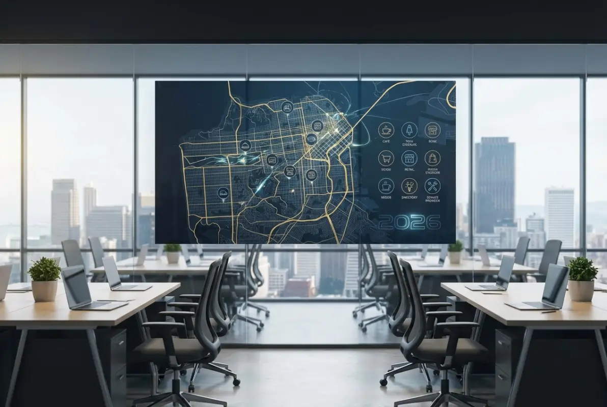 Create a striking, professional hero image for a blog article titled: San Francisco Business Directory: Complete 2026 Guide to Local Listings. Style: Modern, clean, eye-catching design that represents the main topic. No text overlays. High quality 1200x800 professional blog header.