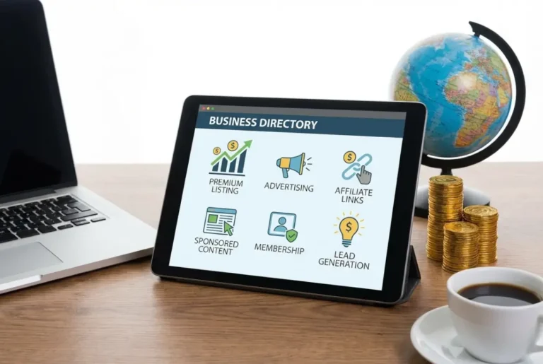 Create a striking, professional hero image for a blog article titled: 6 Tips to Monetize Your Business Directory Website (Earn $10K/Mo). Style: Modern, clean, eye-catching design that represents the main topic. No text overlays. High quality 1200x800 professional blog header.