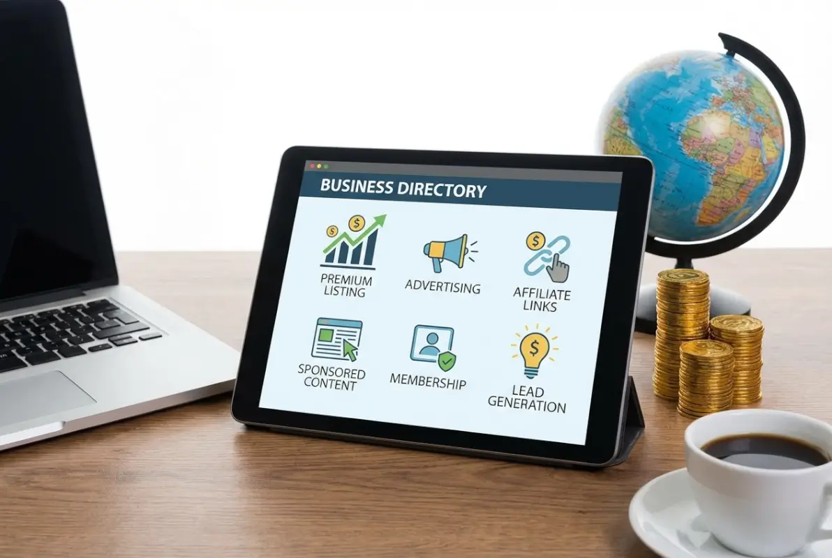 Create a striking, professional hero image for a blog article titled: 6 Tips to Monetize Your Business Directory Website (Earn $10K/Mo). Style: Modern, clean, eye-catching design that represents the main topic. No text overlays. High quality 1200x800 professional blog header.