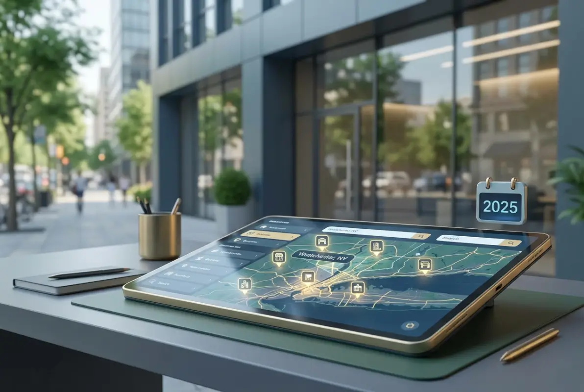 Create a striking, professional hero image for a blog article titled: Online Business Listing Westchester NY: Complete 2025 Guide to Local Directory Success. Style: Modern, clean, eye-catching design that represents the main topic. No text overlays. High quality 1200x800 professional blog header.