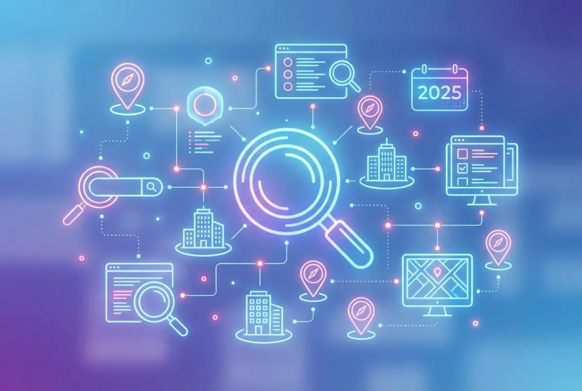 Create a striking, professional hero image for a blog article titled: What Is a Business Directory? Complete Guide to Online Listings & Local SEO in 2025. Style: Modern, clean, eye-catching design that represents the main topic. No text overlays. High quality 1200x800 professional blog header.