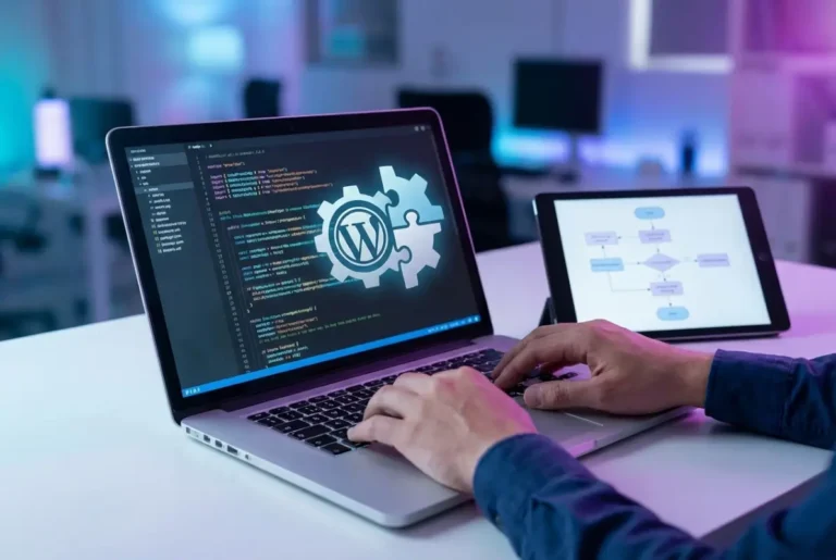Create a striking, professional hero image for a blog article titled: How to Implement a WordPress Plugin: A Developer's Guide. Style: Modern, clean, eye-catching design that represents the main topic. No text overlays. High quality 1200x800 professional blog header.