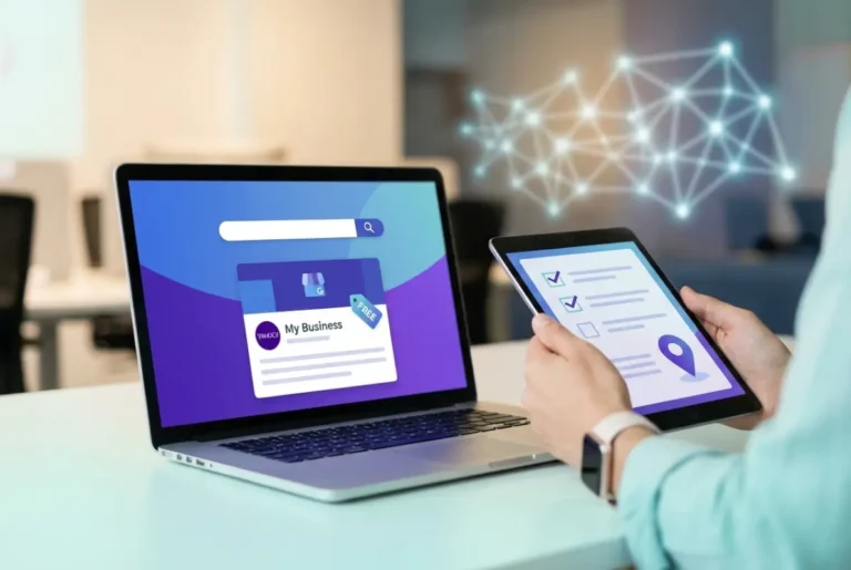 Create a striking, professional hero image for a blog article titled: How to List My Business on Yahoo for Free: Complete Step-by-Step Guide. Style: Modern, clean, eye-catching design that represents the main topic. No text overlays. High quality 1200x800 professional blog header.