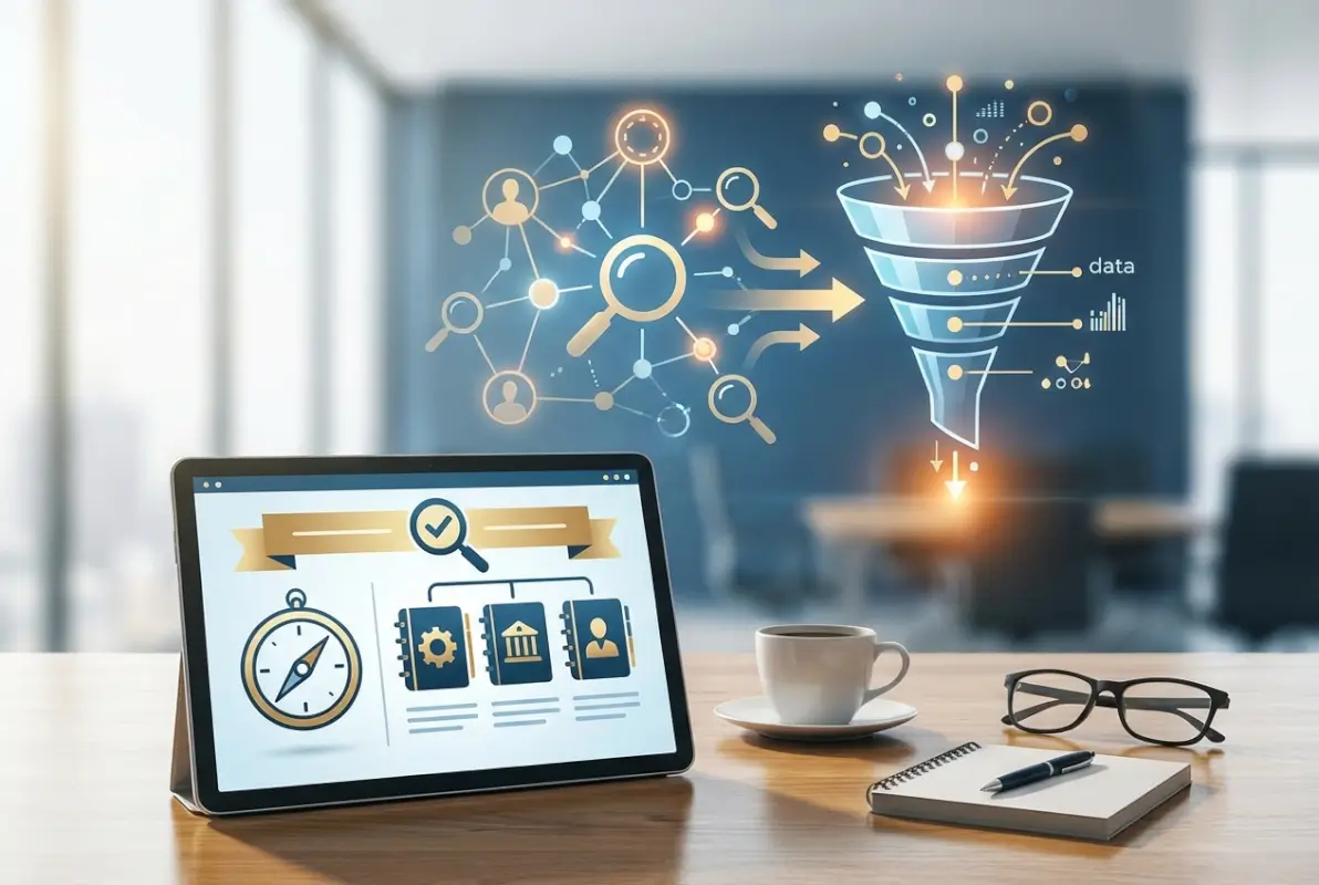 Create a striking, professional hero image for a blog article titled: B2B Directory Guide: How to Choose the Right Business Directory for Lead Generation. Style: Modern, clean, eye-catching design that represents the main topic. No text overlays. High quality 1200x800 professional blog header.