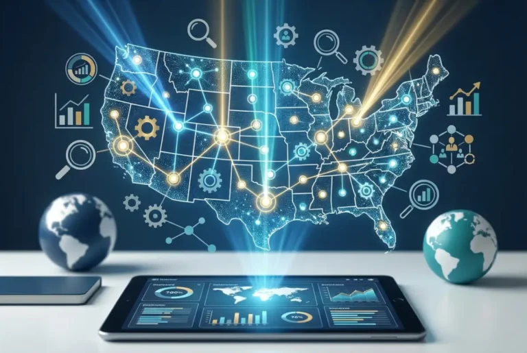 Create a striking, professional hero image for a blog article titled: 5 Best US Business Directories for Targeted Exposure in 2026. Style: Modern, clean, eye-catching design that represents the main topic. No text overlays. High quality 1200x800 professional blog header.