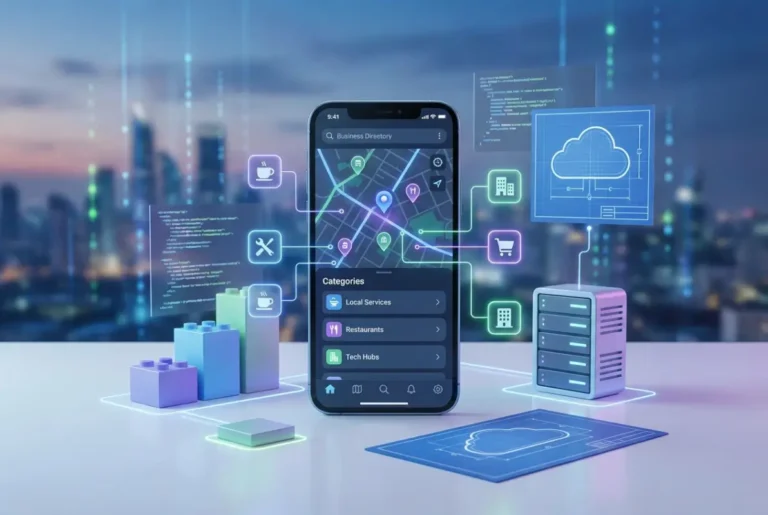 Create a striking, professional hero image for a blog article titled: How to Build a Business Directory App from Scratch in 2025: Complete Guide. Style: Modern, clean, eye-catching design that represents the main topic. No text overlays. High quality 1200x800 professional blog header.