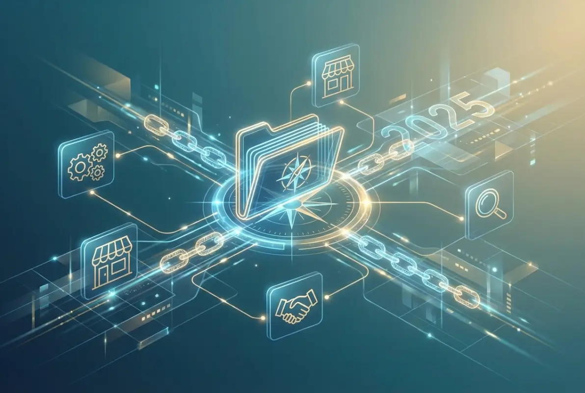 Create a striking, professional hero image for a blog article titled: Business Directory Backlinks: Do They Still Matter in 2025?. Style: Modern, clean, eye-catching design that represents the main topic. No text overlays. High quality 1200x800 professional blog header.