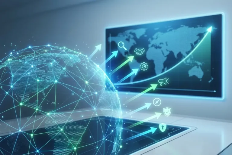 Create a striking, professional hero image for a blog article titled: International Business Directories: 7 Powerful Ways to Accelerate Global Growth. Style: Modern, clean, eye-catching design that represents the main topic. No text overlays. High quality 1200x800 professional blog header.