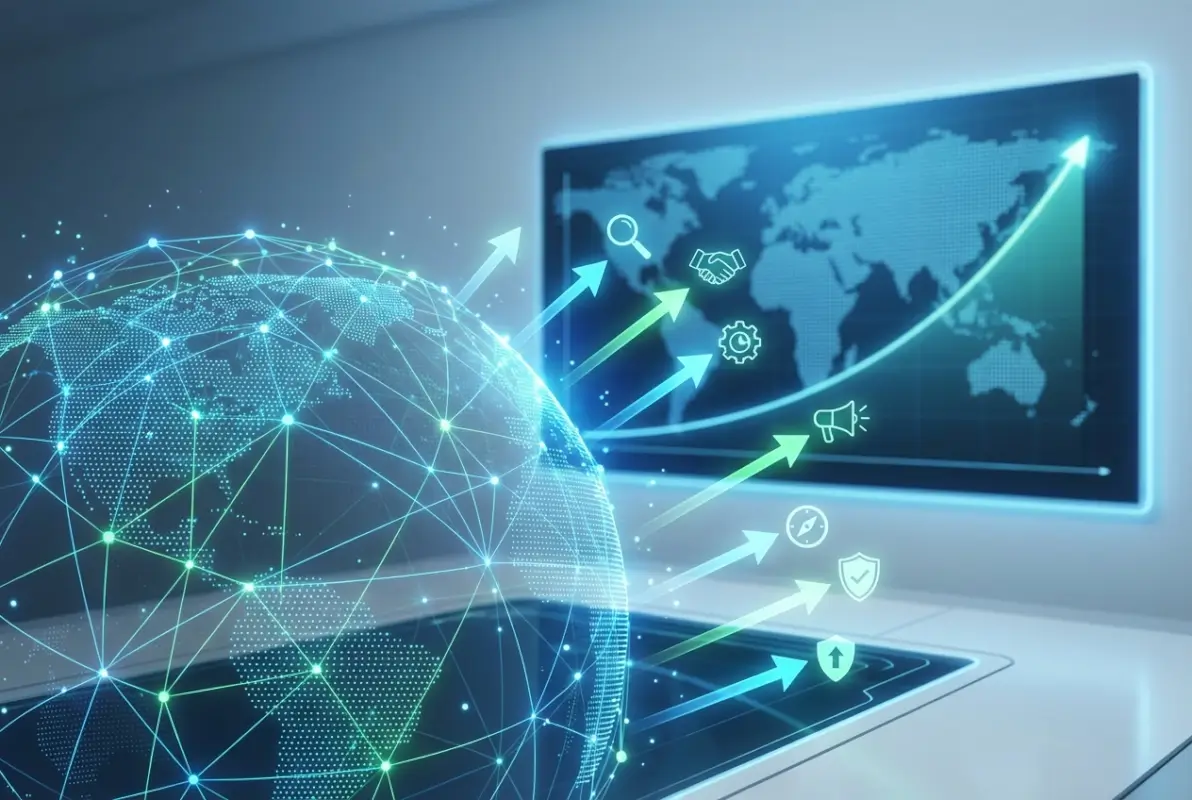 Create a striking, professional hero image for a blog article titled: International Business Directories: 7 Powerful Ways to Accelerate Global Growth. Style: Modern, clean, eye-catching design that represents the main topic. No text overlays. High quality 1200x800 professional blog header.