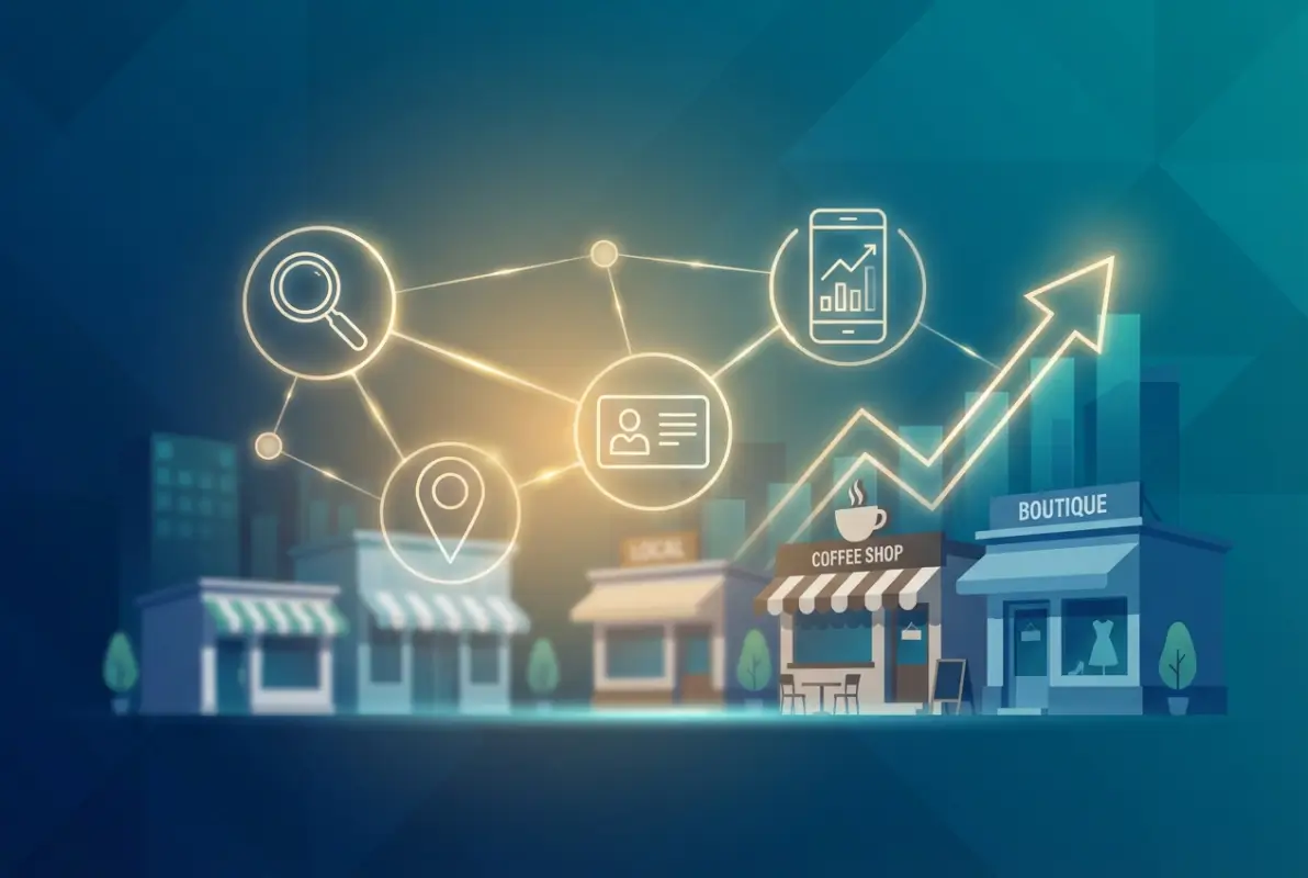 Create a striking, professional hero image for a blog article titled: How Business Directories Transform Local Marketing: 6 Proven Strategies That Drive Results. Style: Modern, clean, eye-catching design that represents the main topic. No text overlays. High quality 1200x800 professional blog header.