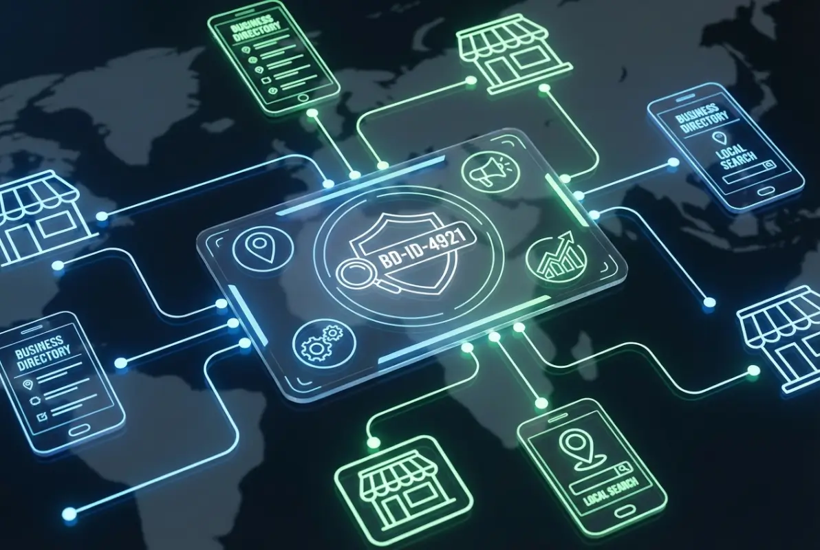 Create a striking, professional hero image for a blog article titled: Business Directory ID: What It Is & Why You Need One for Local SEO Success. Style: Modern, clean, eye-catching design that represents the main topic. No text overlays. High quality 1200x800 professional blog header.