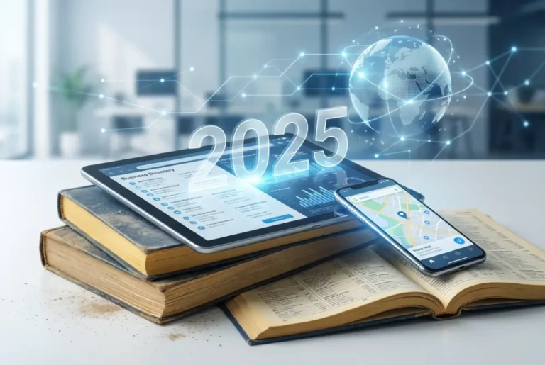 Create a striking, professional hero image for a blog article titled: Are Business Directories and Phone Books Still Relevant in 2025?. Style: Modern, clean, eye-catching design that represents the main topic. No text overlays. High quality 1200x800 professional blog header.