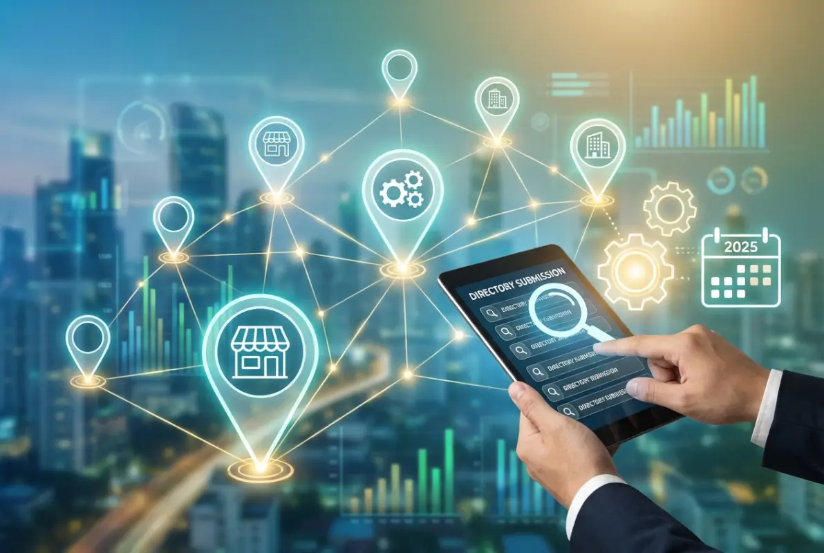 Create a striking, professional hero image for a blog article titled: Business Directory Submission Services: Proven Local SEO Strategy for 2025. Style: Modern, clean, eye-catching design that represents the main topic. No text overlays. High quality 1200x800 professional blog header.