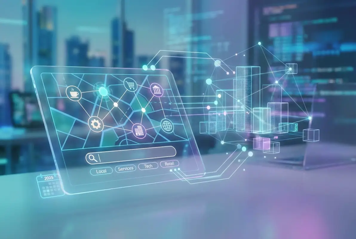 Create a striking, professional hero image for a blog article titled: How to Create a Business Directory Website: Complete 2025 Guide. Style: Modern, clean, eye-catching design that represents the main topic. No text overlays. High quality 1200x800 professional blog header.