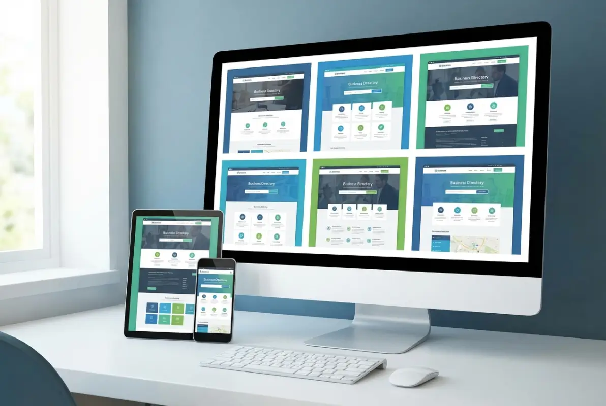 Create a striking, professional hero image for a blog article titled: 6 Business Directory Website Templates to Kickstart Your Platform. Style: Modern, clean, eye-catching design that represents the main topic. No text overlays. High quality 1200x800 professional blog header.