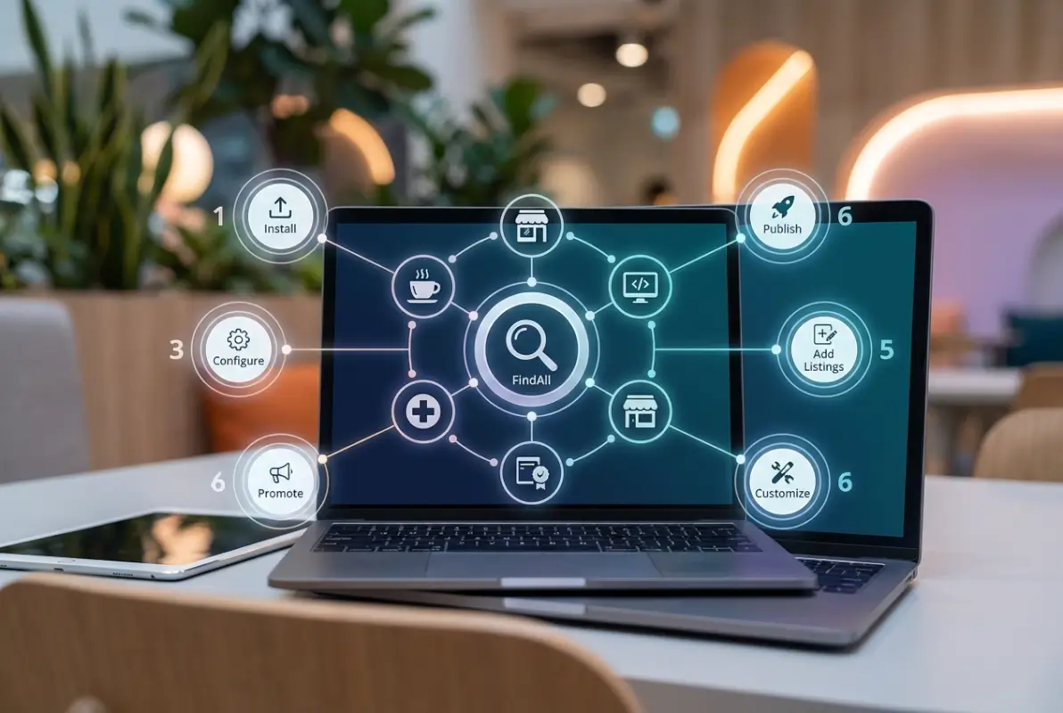 Visual overview of 6 Simple Steps to Create a Business Directory in WordPress Using FindAll