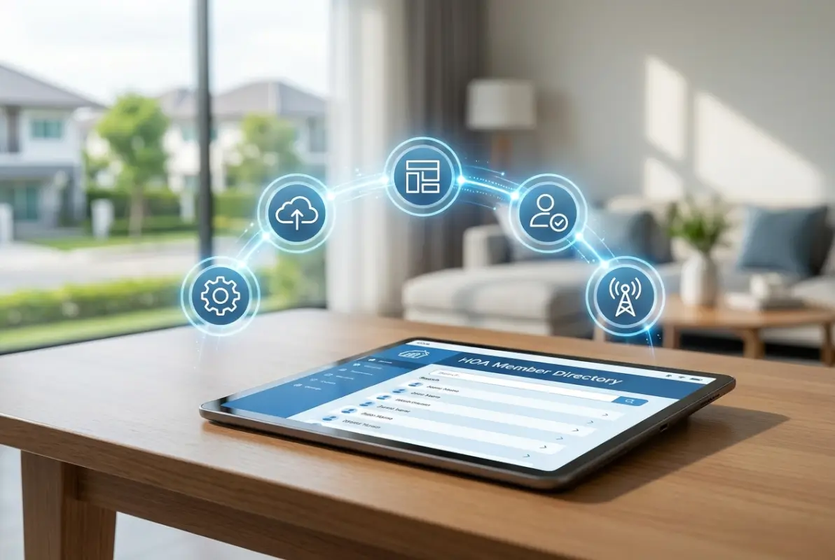 Create a striking, professional hero image for a blog article titled: 5 Steps to Create an Online Directory for Your HOA. Style: Modern, clean, eye-catching design that represents the main topic. No text overlays. High quality 1200x800 professional blog header.