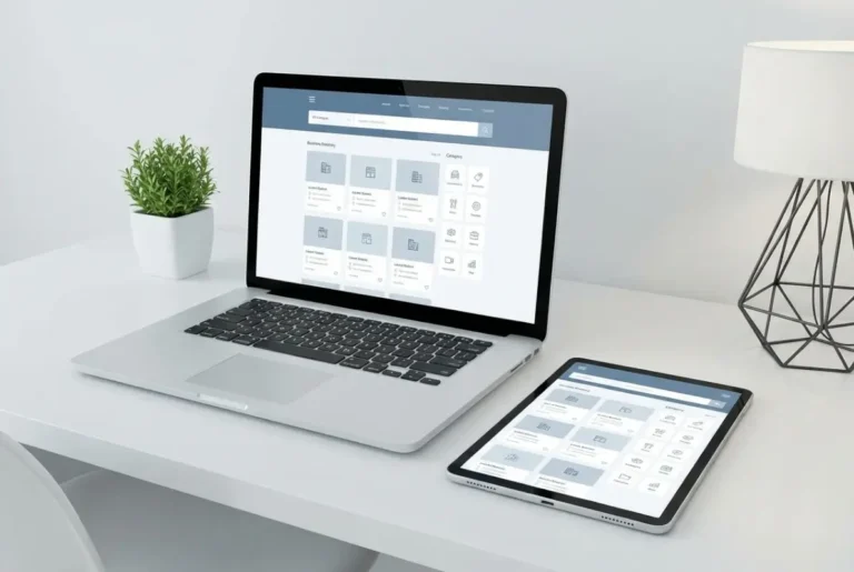 Create a striking, professional hero image for a blog article titled: 5 Essential Design Tips for an Attractive Business Directory Website. Style: Modern, clean, eye-catching design that represents the main topic. No text overlays. High quality 1200x800 professional blog header.